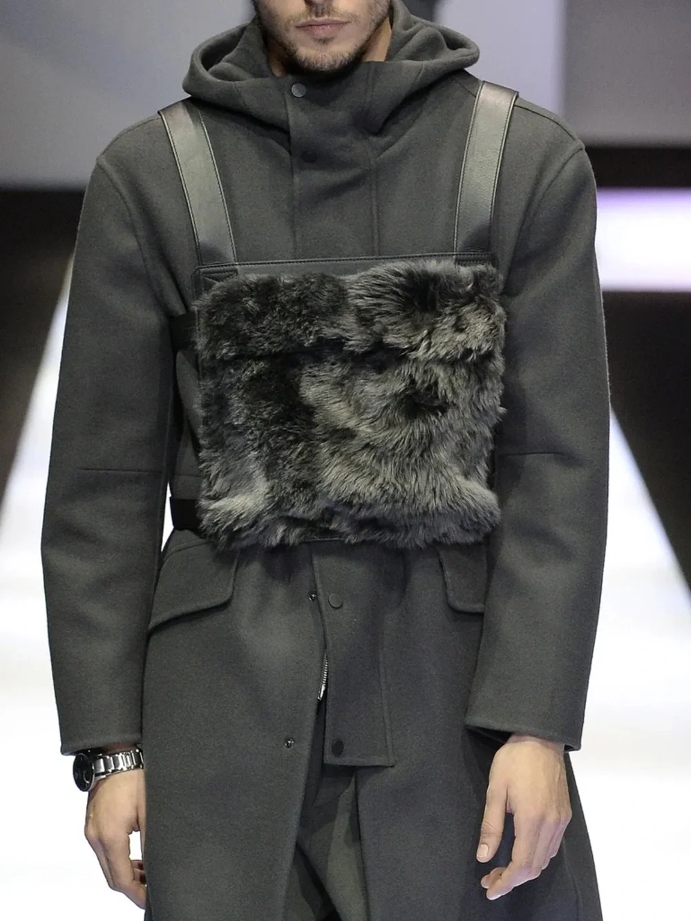 NWT Emporio Armani Fall 2017 Runway Fur Leather Chest Rig Vest Bag Black Gray